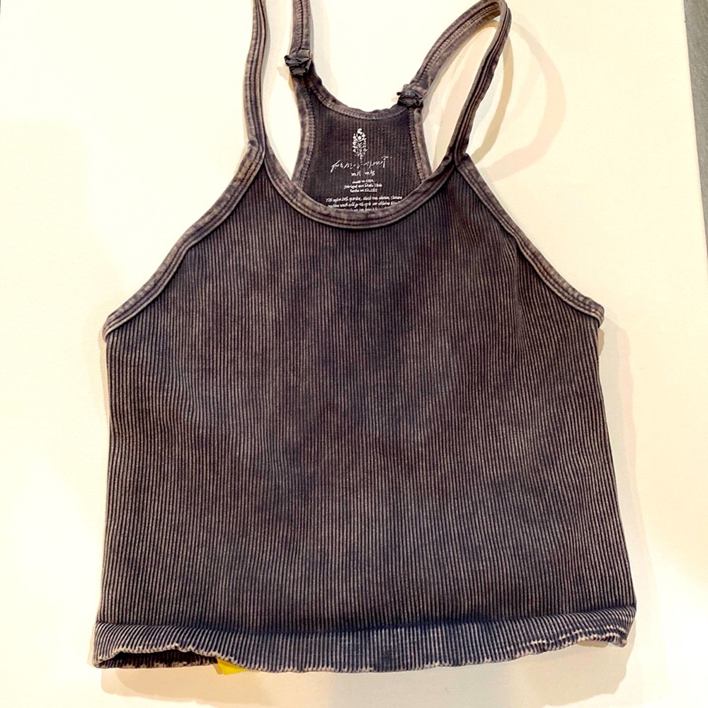 Free People Happiness Runs Crop Top distressed black Min. Wash Ribbed NWOT M/L